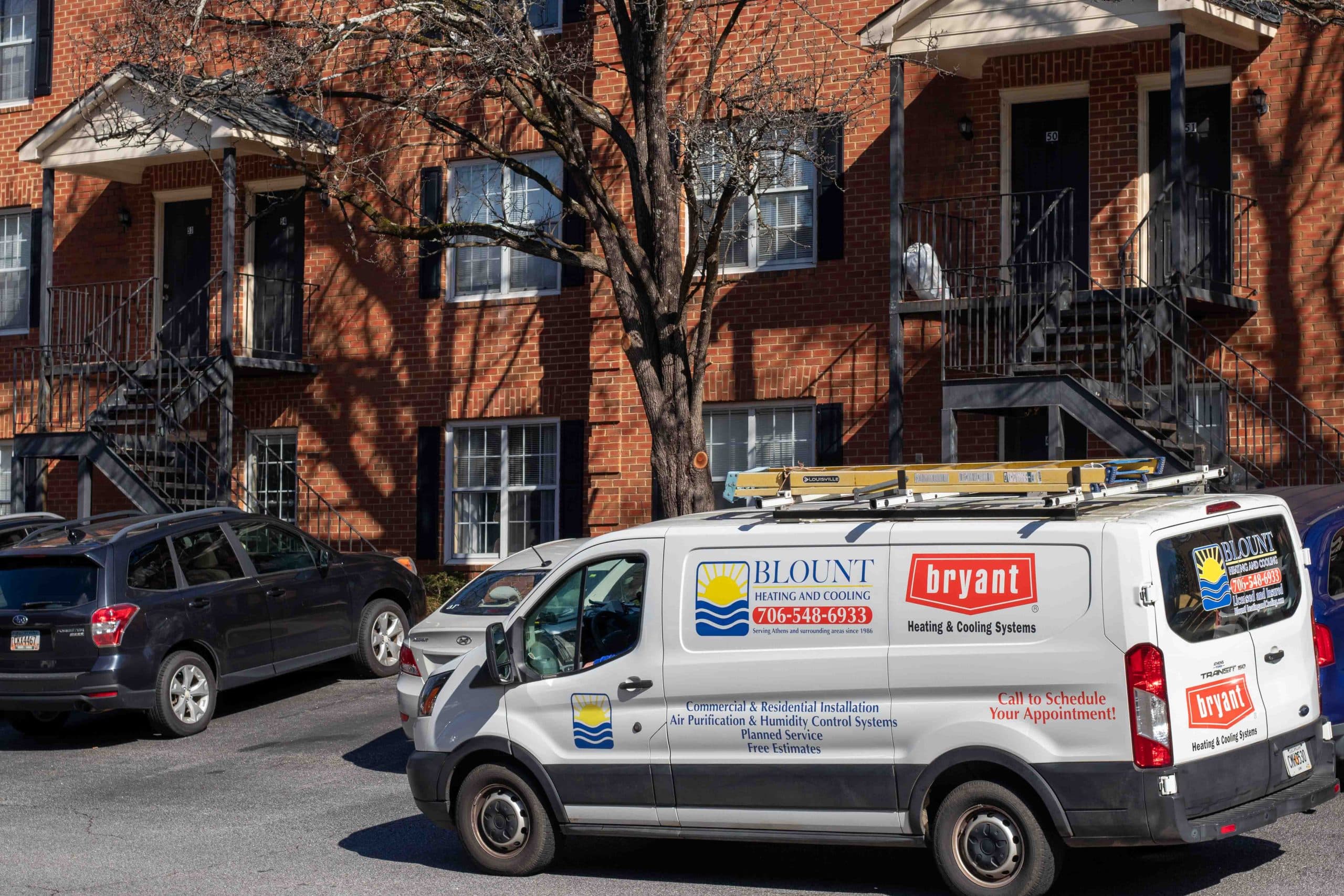 Blount HVAC in Athens GA Truck outside of an Athens Residence